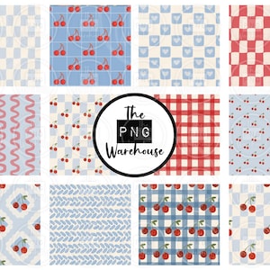 May include: A collection of digital patterns featuring various designs. These include checkered patterns in blue and red, wavy lines, and cherry motifs. The patterns are in a vintage style, suitable for digital art or fabric design.