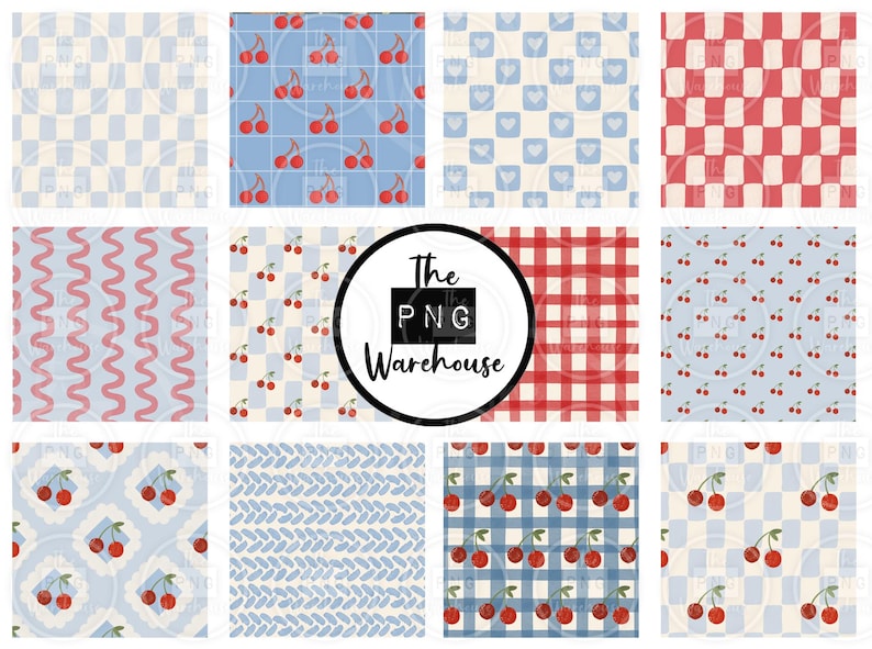 May include: A collection of digital patterns featuring various designs. These include checkered patterns in blue and red, wavy lines, and cherry motifs. The patterns are in a vintage style, suitable for digital art or fabric design.