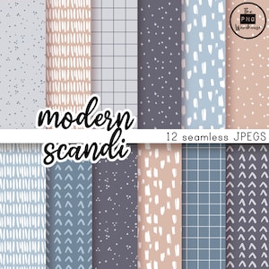 Könnte beinhalten: Zwölf nahtlose digitale Papiermuster im modernen skandinavischen Stil. Die Muster zeigen eine Vielzahl von geometrischen Formen, Linien und Punkten in Blautönen, Grau und Beige.