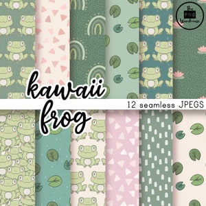 KAWAII FROSCH Muster - Digital Paper Pack - 12 JPegs - sofort download - 300dpi - 12x12 nahtlose Muster Hintergründe grün blau