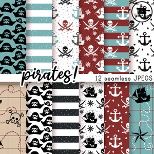 PIRATAS! - Paquete de papel digital - 12 JPegs - descarga instantánea - 300dpi - 12x12 pulgadas - barcos mapa calavera tibias cruzadas estrellas rayas azul rojo azul marino