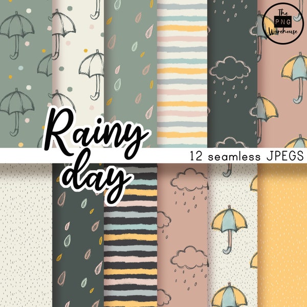 RAINY DAY - Seamless Digital Paper Pack - 12 JPegs - instant download - 300dpi - 12x12 inches - backgrounds rain drops umbrella blue yellow