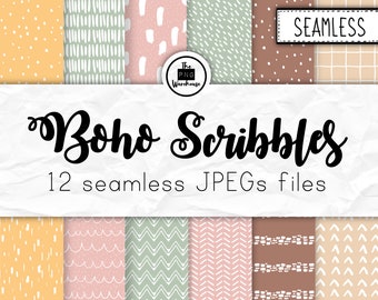 BOHO SCRIBBLES  - Digital Paper Pack - 12 JPegs - instant download - 300dpi - 12x12 inches - seamless patterns backgrounds pink scribbles