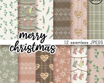 MERRY CHRISTMAS - Digital Paper Pack - 12 JPegs - instant download - 300dpi - 12x12 inches - seamless patterns backgrounds green xmas boho