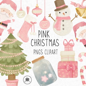 Watercolour PINK CHRISTMAS CLIPART - 14 pngs - instant download - 300dpi - clip art designs - watercolor style painting santa tree stars