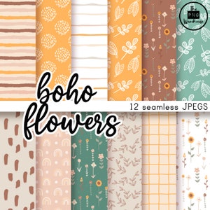 Könnte beinhalten: Ein Set mit 12 digitalen Papiermustern mit verschiedenen Boho-Blumenmustern. Die Muster umfassen Streifen, Punkte, Blätter, Blumen und Regenbögen in verschiedenen Farben, darunter Orange, Braun, Grün und Weiß. Der Text "boho flowers" und "12 seamless JPGs" ist im Bild enthalten.