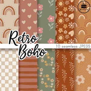 May include: A collection of ten seamless JPEG patterns with a retro boho theme. The patterns feature rainbows, hearts, flowers, and geometric shapes in earthy tones of brown, beige, and green. The text "Retro Boho" is displayed in a script font.