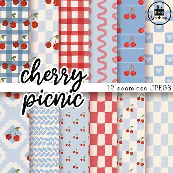 CHERRY PICNIC -  Digital Paper Pack | Retro Gingham Cherries - Hand Drawn Seamless Patterns (Digital Download) JPEGS