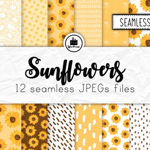 Peut inclure: Un ensemble de 12 motifs numériques sans couture représentant des tournesols dans différents styles. Les motifs sont en jaune, marron, blanc et noir. Le texte "Sunflowers" et "12 seamless JPEGs files" est affiché sur un fond blanc.