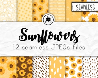 SUNFLOWERS - Digital Paper Pack - 12 JPegs - instant download - 300dpi - 12x12 inches seamless patterns backgrounds cute boho yellow sun