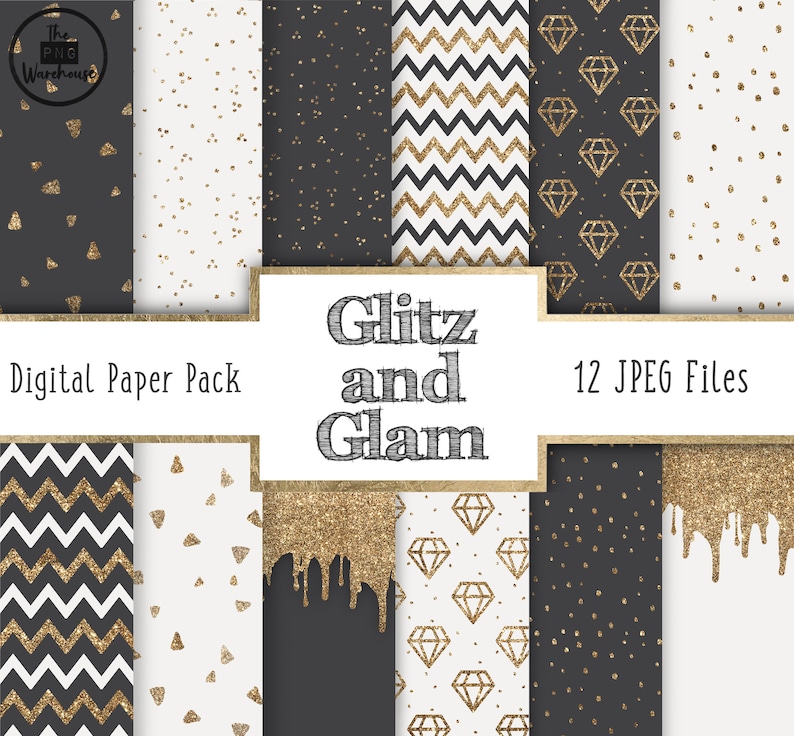 gold grey glitter sparkle patterns diamonds dots 12x12 inches 300dpi Digital Paper Pack 12 JPegs GLITZ and GLAM instant download
