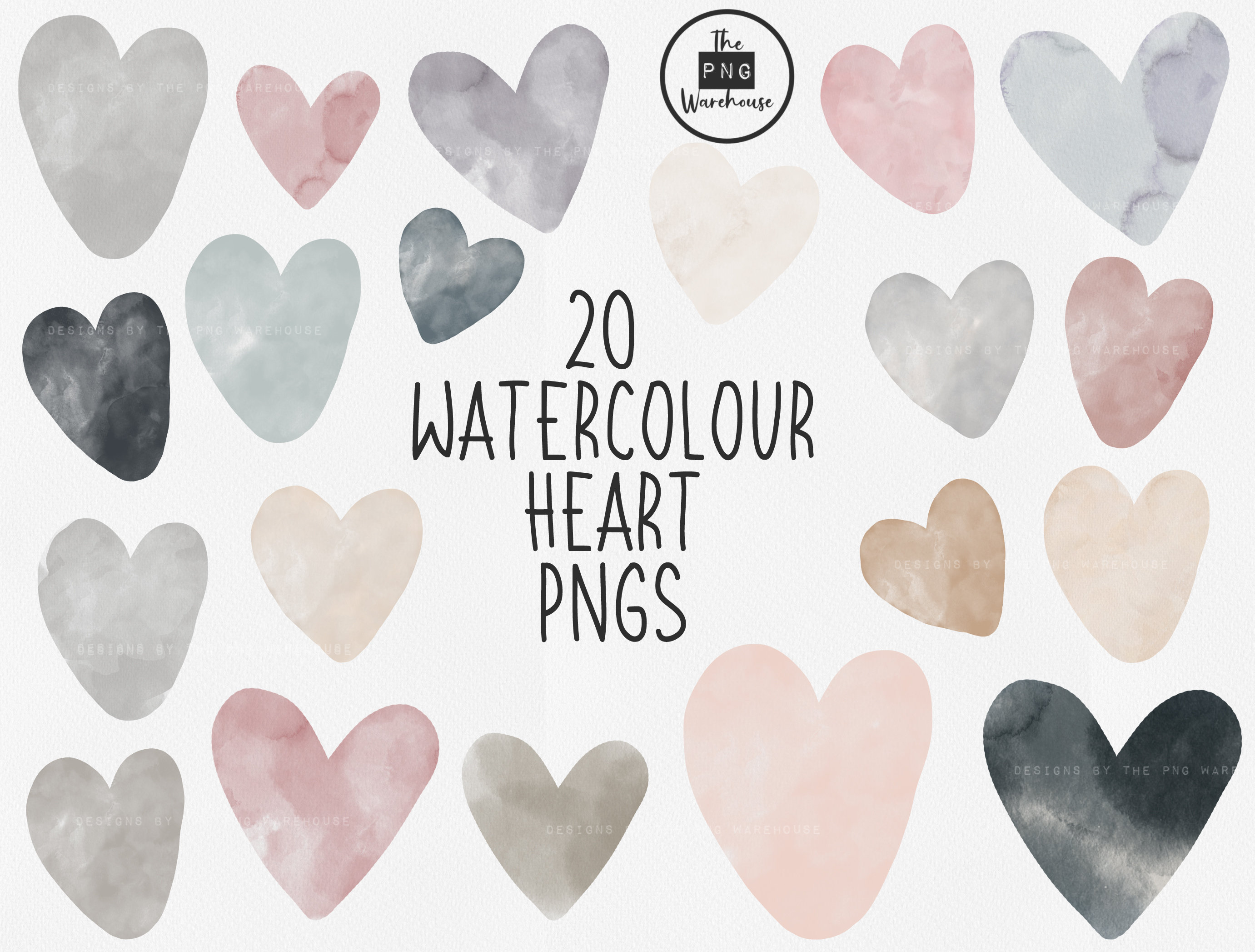 20 WATERCOLOUR HEARTS - Clip Art - 20 Png Designs - 300 Dpi - Digital ...