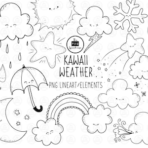 KAWAII WEATHER Lineart Elements - 14 png clip art designs - instant download 300 dpi line art non filled hand drawn elements doodles black