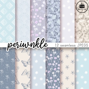 Puede incluir: Un conjunto de 12 patrones de papel digital en una gama de colores azul periwinkle. Los patrones incluyen mariposas, flores y diseños geométricos.