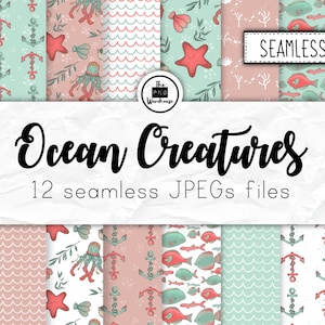OCEAN CREATURES - Digital Paper Pack - 12 JPegs - instant download - 300dpi 12x12 inches seamless patterns backgrounds fish shells nautical