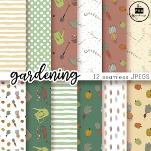 GARDENING - Digital Paper Pack - 12 JPegs - instant download - 300dpi - 12x12 inches - seamless patterns boho vegetables garden doodles dots