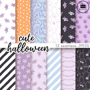 Könnte beinhalten: Ein Set mit 12 digitalen nahtlosen Mustern mit niedlichen Halloween-Designs. Die Muster beinhalten Geister, Fledermäuse, Totenköpfe und Knochen, Punkte, Streifen und mehr. Die Muster sind in einer Pastellfarbpalette aus Lila, Blau und Weiß gehalten.