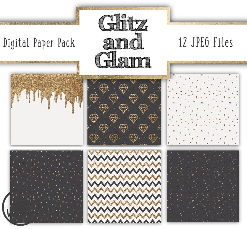 gold grey glitter sparkle patterns diamonds dots 12x12 inches 300dpi Digital Paper Pack 12 JPegs GLITZ and GLAM instant download