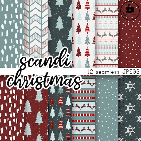 SCANDI CHRISTMAS - Seamless Digital Paper Pack - 12 JPegs - instant download - 300dpi - 12x12 inches - modern xmas nordic pattern red blue