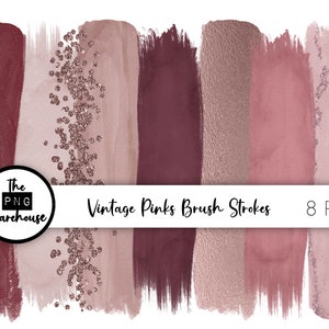 May include: Eight digital brush stroke graphics in shades of pink and rose gold. The brush strokes are textured and have a vintage look. The text "Vintage Pinks Brush Strokes" and "8 PNGs" is at the bottom of the image.