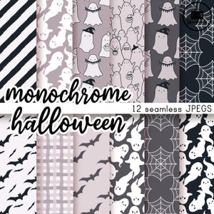 Könnte beinhalten: Zwölf monochrome Halloween-Digitalpapiermuster mit Geistern, Fledermäusen und Spinnweben. Die Muster sind nahtlos und können für Scrapbooking, Kartenherstellung und andere Bastelprojekte verwendet werden.
