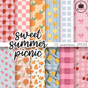 Sweet Summer Picnic - Digital Paper Pack | Retro Strawberry Lemon Cherry Gingham - Hand Drawn Seamless Patterns (Digital Download) JPEGS