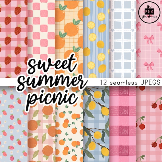 Sweet Summer Picnic - Digital Paper Pack | Retro Strawberry Lemon Cherry Gingham - Hand Drawn Seamless Patterns (Digital Download) JPEGS