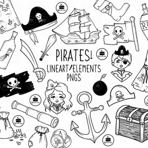 PIRATEN Clip Art Elements - 21 png Clip Art Designs - sofortiger Download 300 dpi Line Art nicht gefüllte Hand gezeichnete Elemente Kritzeleien schwarz