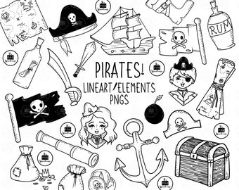 PIRATES Lineart Elements - 21 png clip art designs - instant download 300 dpi line art non filled hand drawn elements doodles black