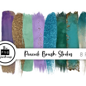 May include: Eight digital brush stroke graphics in shades of teal, purple, green, and gold. The brush strokes are arranged horizontally and are labeled "Peacock Brush Strokes".