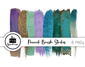 8 PEACOCK BRUSHSTROKES - 8 png clip art designs - instant download 300 dpi - brush strokes - teal purple green gold glitter feathers brush