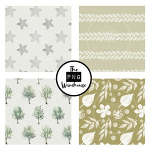 BOHO NATURMÖNSTER - Seamless Pattern Pack - 12 JPegs direktnedladdning 300 dpi 12x12 tum digitala pappersbakgrunder träd löv salvia rost bild 2