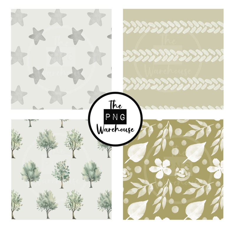 BOHO NATURMÖNSTER - Seamless Pattern Pack - 12 JPegs direktnedladdning 300 dpi 12x12 tum digitala pappersbakgrunder träd löv salvia rost bild 2