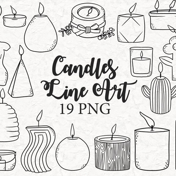 CANDLES Lineart Elements - 19 PNG clipart designs - instant download 300 dpi line art non filled hand drawn elements doodles black candle