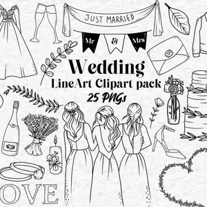 BRUILOFT Lineart Elements - 25 png clip art designs - instant download 300 dpi lijn art niet gevulde handgetekende elementen doodles zwarte verloofde