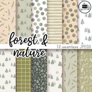 WATERCOLOR FOREST and NATURE - Digital Paper Pack - 12 JPegs - instant download - 300dpi - 12x12 inches - seamless patterns backgrounds tree