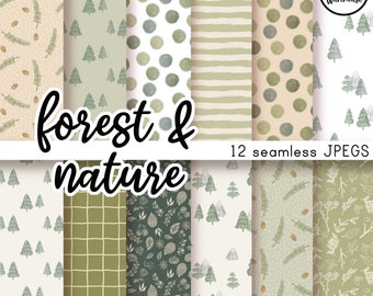 WATERCOLOR FOREST and NATURE - Digital Paper Pack - 12 JPegs - instant download - 300dpi - 12x12 inches - seamless patterns backgrounds tree