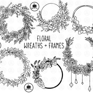 GRINALDAS FLORAL + QUADROS Elementos de Lineart - 6 designs de clipart png - download instantâneo 300 dpi linha arte elementos desenhados à mão rabiscos pretos