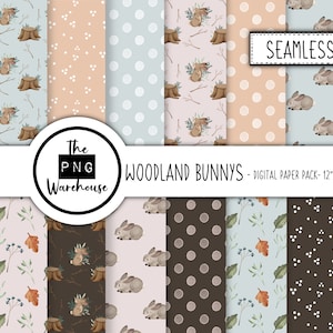 WOODLAND BUNNYS - Digital Paper Pack - 12 JPegs - download istantaneo - 300dpi - 12x12 pollici - motivi senza soluzione di continuità sfondi coniglio acquerello