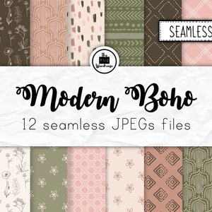 MODERN BOHO - Sömlöst digitalt papperspaket - 12 JPegs - direktnedladdning - 300 dpi - 12x12 tum - blommiga blommönster abstrakt salviarosa