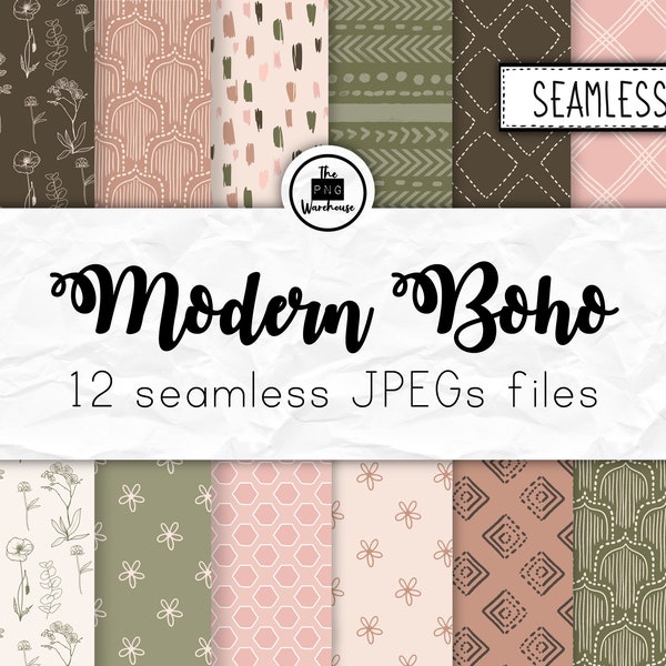 MODERN BOHO - Seamless Digital Paper Pack - 12 JPegs - instant download - 300dpi - 12x12 inches - floral flowers patterns abstract sage pink