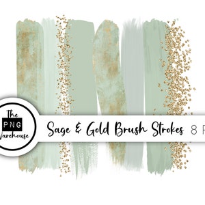May include: Sage green and gold brush strokes with gold glitter.  There are eight digital brush stroke graphics in this set.  The PNG Warehouse logo is in the lower left corner.  Sage & Gold Brush Strokes 8 PNGs