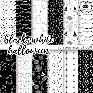 BLACK + WHITE HALLOWEEN - Digital Paper Pack - 12 JPegs - instant download - 300dpi - 12x12 inches - seamless pattern black white stars moon