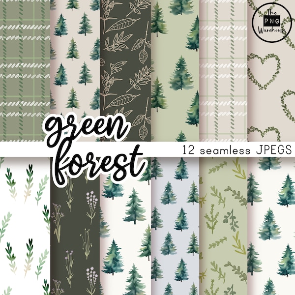 GREEN FOREST - Digital Paper Pack - 12 JPegs - instant download - 300dpi - 12x12 inches - seamless patterns backgrounds woodlands trees