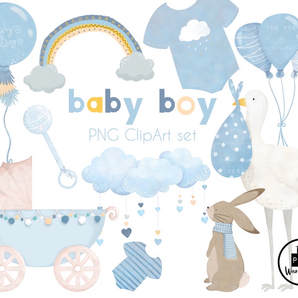 BABY BOY CLIPART - 10 pngs - instant download - 300dpi - clip art designs - baby shower babies girl blue watercolour pram rattle rainbow