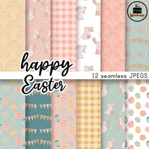 Könnte beinhalten: Zwölf nahtlose digitale Papiermuster mit Ostern-Motiven. Die Muster beinhalten Hasen, Eier, Gingham und florale Designs in Pastellfarben.