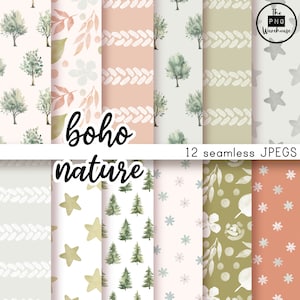 BOHO NATURMÖNSTER - Seamless Pattern Pack - 12 JPegs direktnedladdning 300 dpi 12x12 tum digitala pappersbakgrunder träd löv salvia rost bild 1