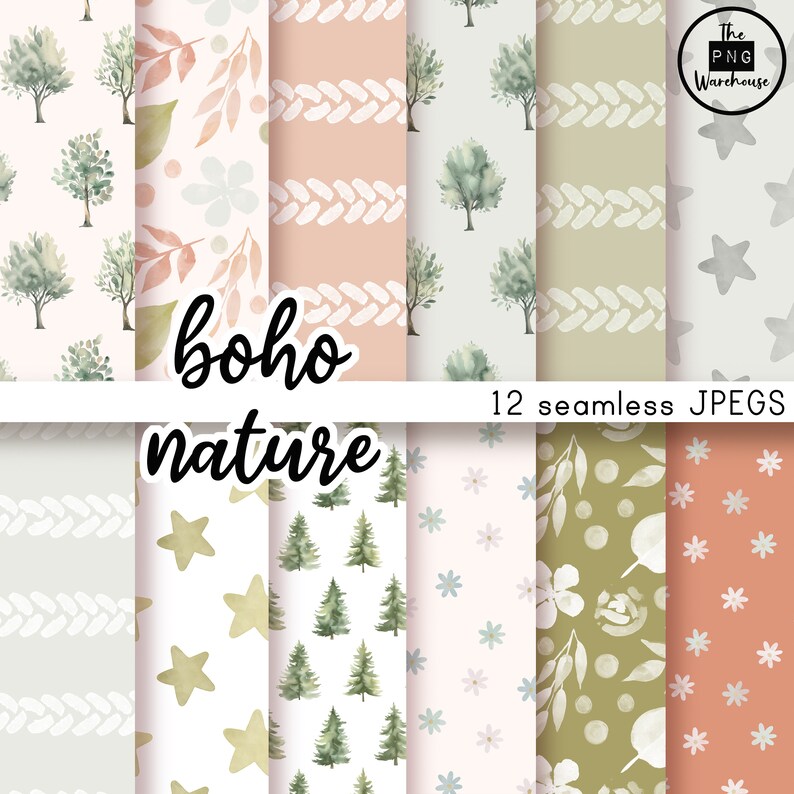 BOHO NATURMÖNSTER - Seamless Pattern Pack - 12 JPegs direktnedladdning 300 dpi 12x12 tum digitala pappersbakgrunder träd löv salvia rost bild 1