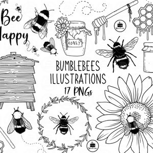 May include: Black and white line art illustrations of bumblebees, honeycombs, honey jars, sunflowers, and a beehive. The text "Bee Happy" and "Bumblebees Illustrations 17 PNGs" is included in the image.