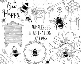 BUMBLEBEES Lineart Elements - 17 png clip art designs - instant download 300 dpi line art non filled hand drawn elements doodles black grey